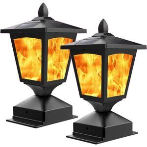 Solar Post Flame Light, Outdoor Deck Fence Cap Top LED Light Flickering Flame